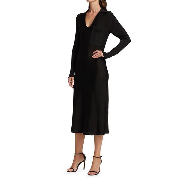 St. John Womens Dress Size XS Knit Shirt Collar Midi Black Pocket Slip Collared - Picture 2 of 10